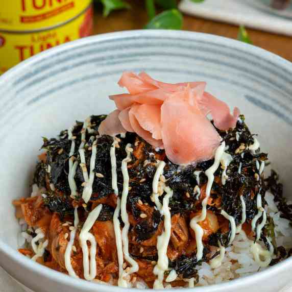 A bowl of Korean tuna rice topped with edible seaweed, kewpie mayo and ginger
