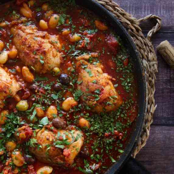 A large pan of Spanish chicken with chorizo and wine