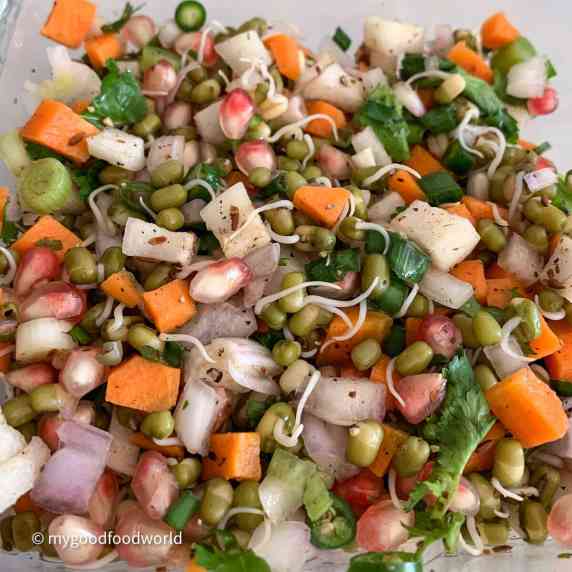 Sprouted mung beans salad with colorful veggies, herbs, and pomegranate. 