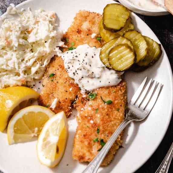Breaded Yellowtail with lemons and pickles