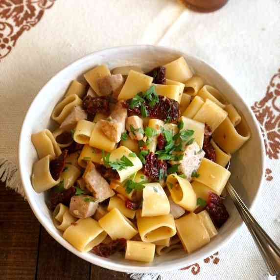 pasta with tuna in bowl on a table