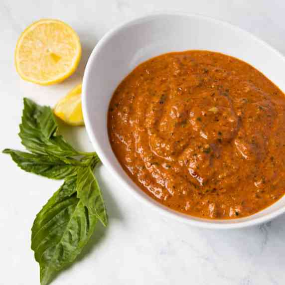 white bowl filled with romesco sauce