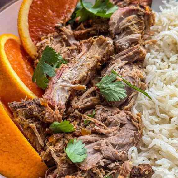 plate of pulled pork with orange slices and rice