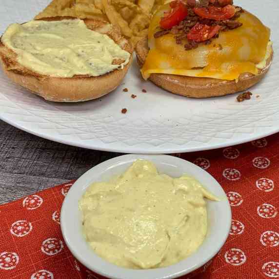 spicy horseradish mustard with turkey burger and fries