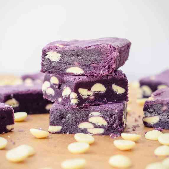 purple yam ube brownies with white chocolate chips.