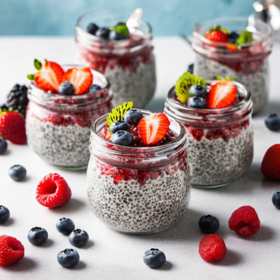 Chia pudding in clear glasses with strawberries and blueberries, and raspberries on a gray table