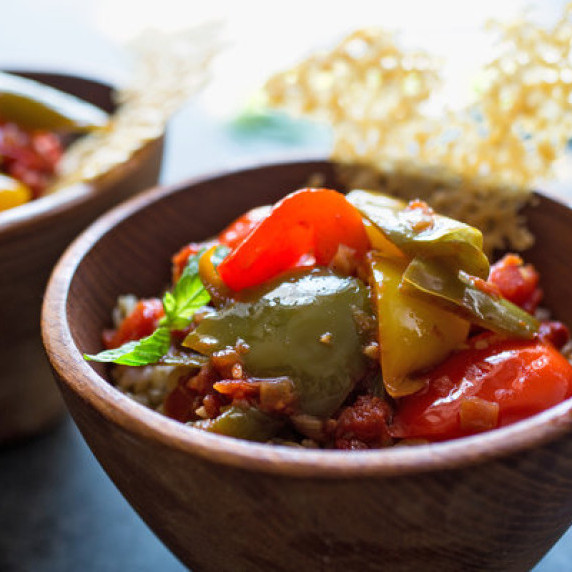Brown Rice Bowls with Stewed Peppers