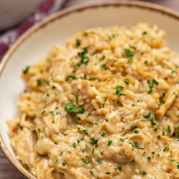 chicken and rice casserole in a white bowl.