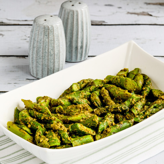 Asparagus with Basil Pesto in serving dish