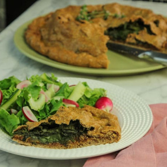  French-style rustic Swiss chard pie is made with a yeasted spelt flour crust