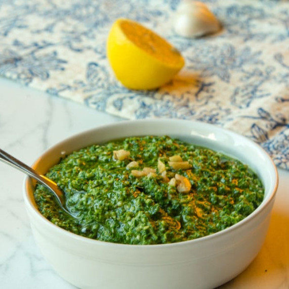 This arugula pesto boasts a balanced flavor, succulent texture, and a vibrant green color that won’t