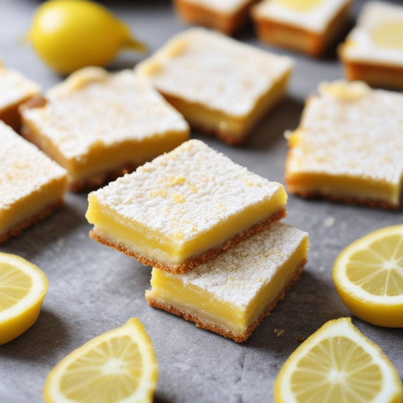 Lemon keto bars yellow with sprinkled almond flour on a gray table and lemon slices