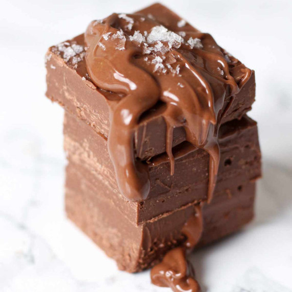 stack of 3 pieces of Nutella fudge with sea salt sprinkled on top