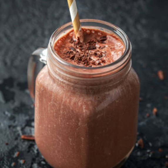 Chocolate smoothie in a glass jar