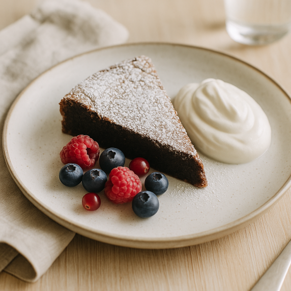 Kladdkaka, Swedish sticky chocolate cake with crackly top and gooey center, dusted with powdered sug