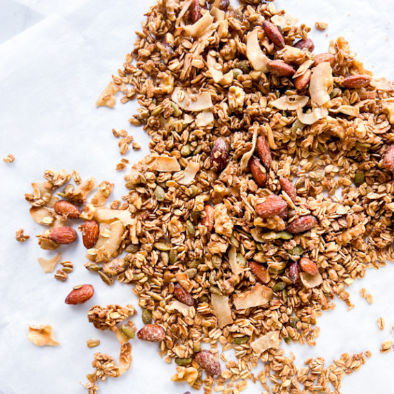 Pan toasted coconut granola with almonds, pumpkin seeds and coconut.