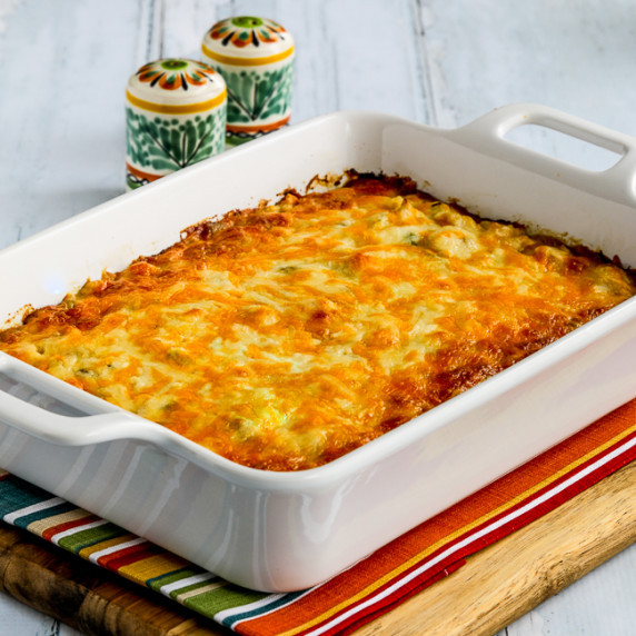 finished Layered Mexican Casserole in baking dish