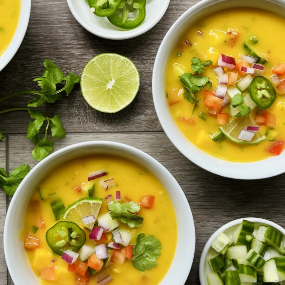 Two bowls of mango gazpacho garnished with diced onion, pepper, and cucumber.