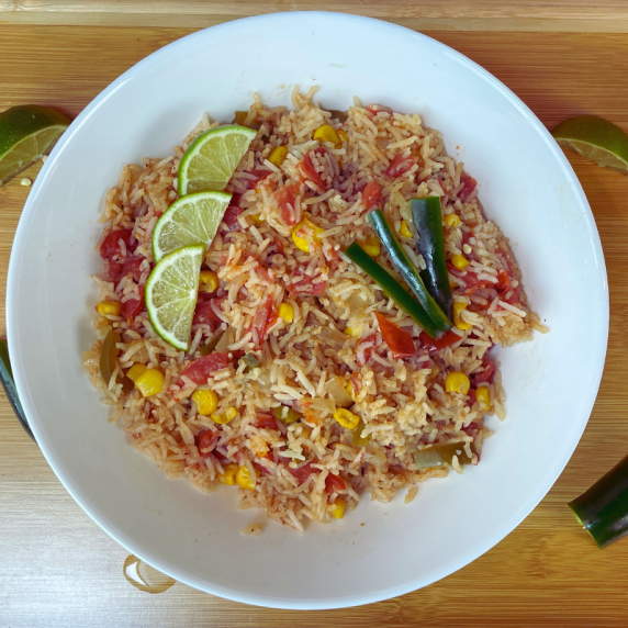 mexican rice in a white bowl