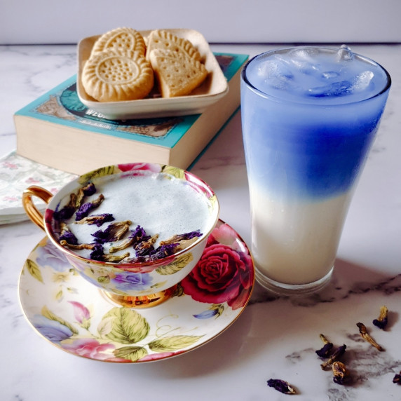 Blue Latte Recipe with Butterfly Pea shown in two ways, hot and cold, in a cup and a tall glass.