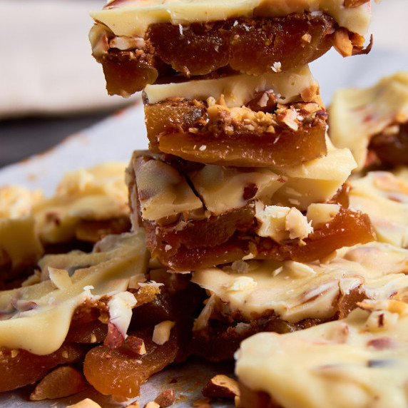 A stack of Healthy Apricot Almond White Chocolate Bark