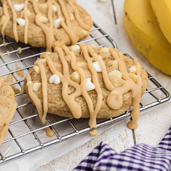 Close up of a bananas foster cookies on a cooling rack.