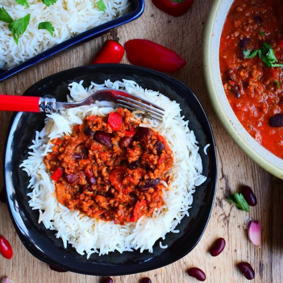 Spicy beef chilli on a bed of white rice