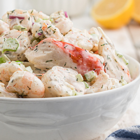 Close up of a bowl of southern seafood salad.