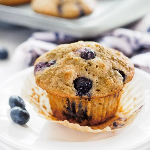 Blueberry muffin on dish. 
