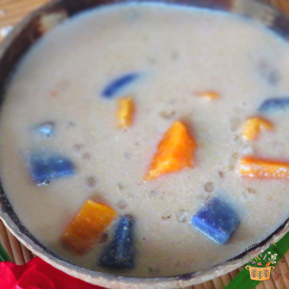 Burbur chacha with fresh coconut milk, pandan leaves, pearl sago, sweet potatoes, and taro
