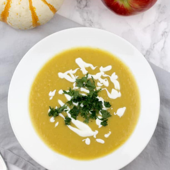 Butternut Squash Apple Soup–roasted butternut squash, apples, and caramelized onions 