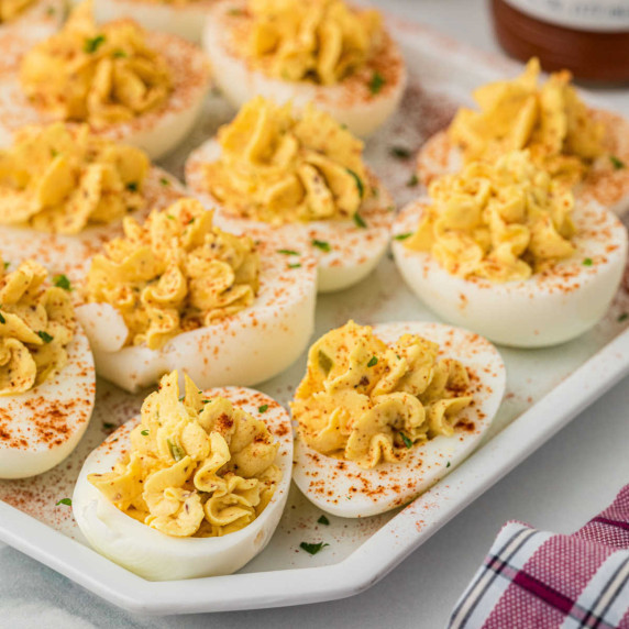 Close up of some cajun deviled eggs.