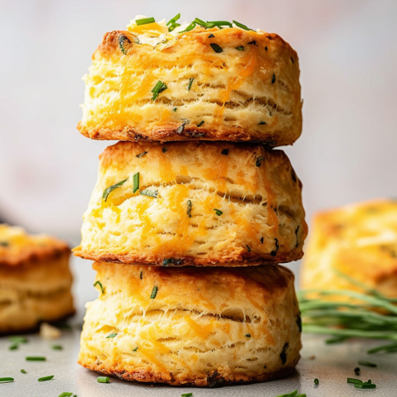 Cheddar cheese scones on a table with chives.