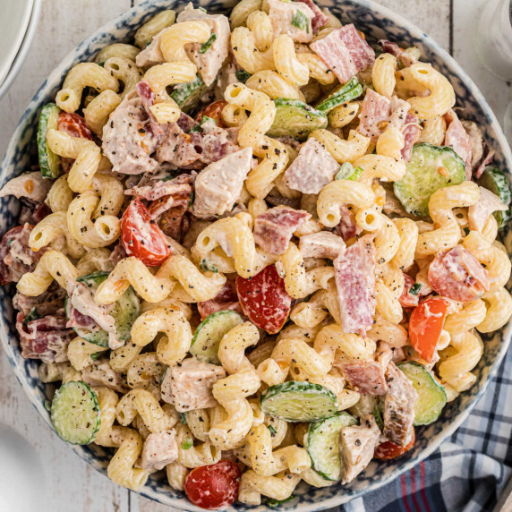 Overhead shot of a bowl of chicken bacon ranch pasta salad.