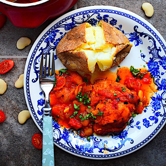 Chicken, chorizo and butter bean  stew with a crispy jacket potato