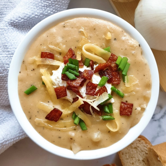 Copycat Chili's Loaded Baked Potato Soup Recipe in a white bowl.