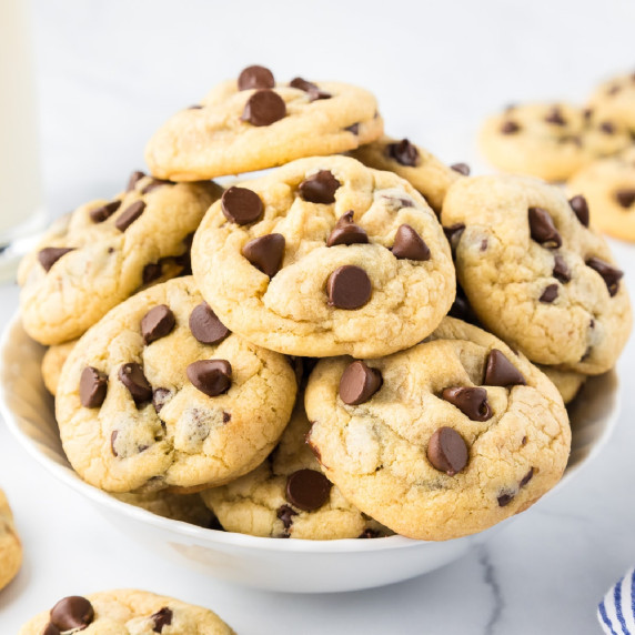 A pile of chocolate chip pudding cookies in a bowl.