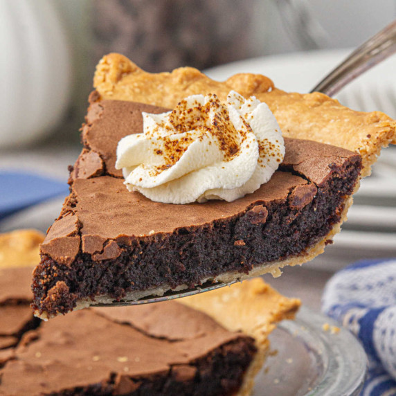 Close up of a piece of southern chocolate chess pie.