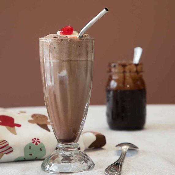 Chocolate ice cream soda with chocolate syrup