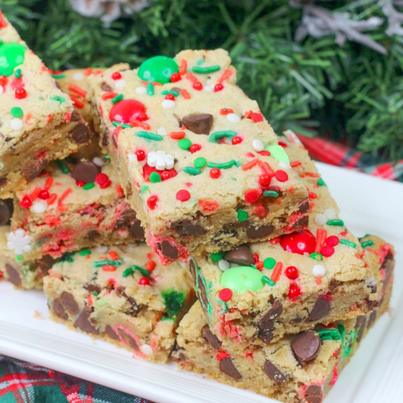 Chocolate chip cookie bars with M&Ms and Christmas sprinkles