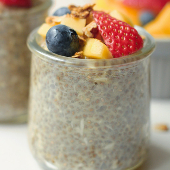 vegan coconut mango chia pudding in a glass dish