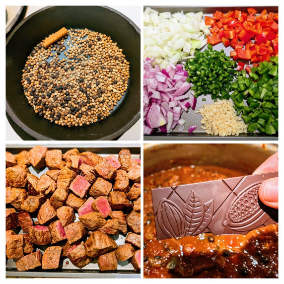 a collage of various ingredients for chunky beef chili con carne