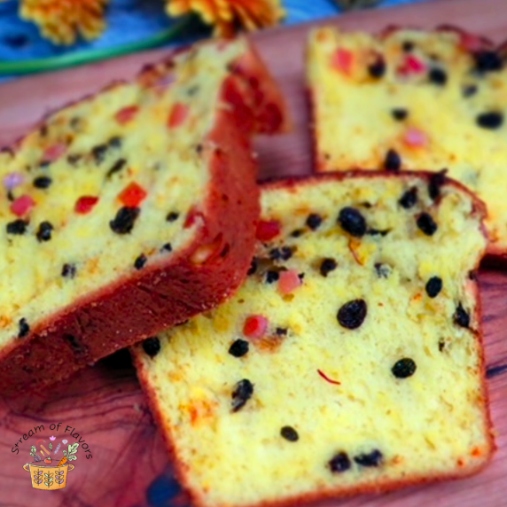 Cornish Saffron Cake slices with candied peel, dried fruit, currants, and saffron strands