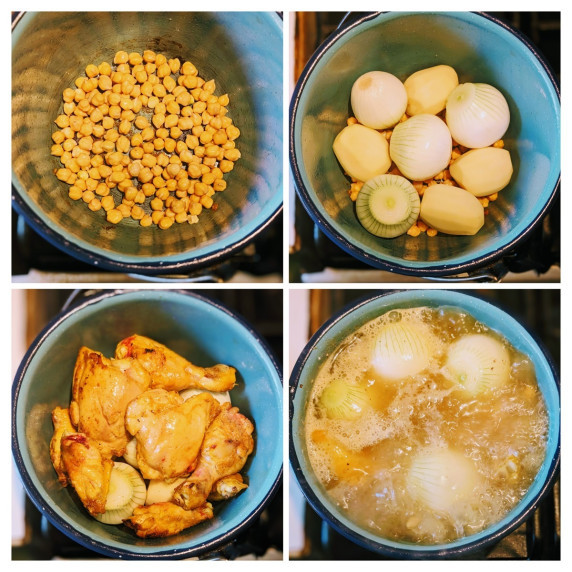 A collage of a pot with different chicken soup ingredients including chicken and vegetables