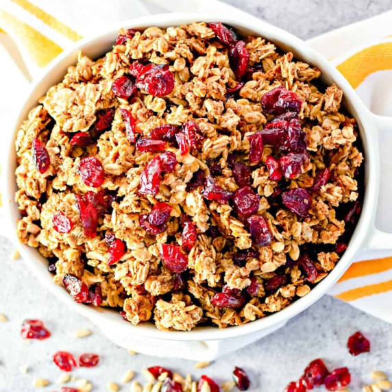 Bowl of cranberry granola from overhead.