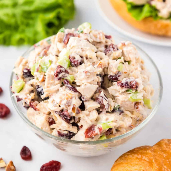 Cranberry Pecan Chicken salad in a bowl on a counter cropped in square.