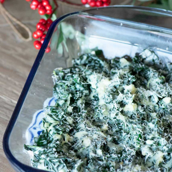 creamed kale served in a baking dish