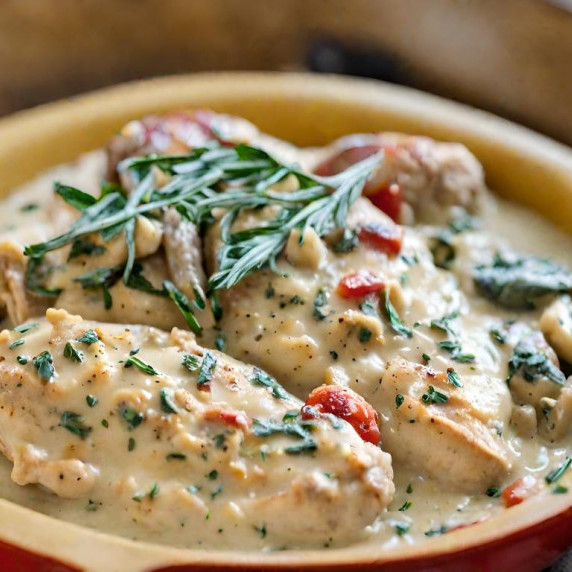 Creamy Keto Tuscan Chicken poured into a bowl which looks extremely yummy!