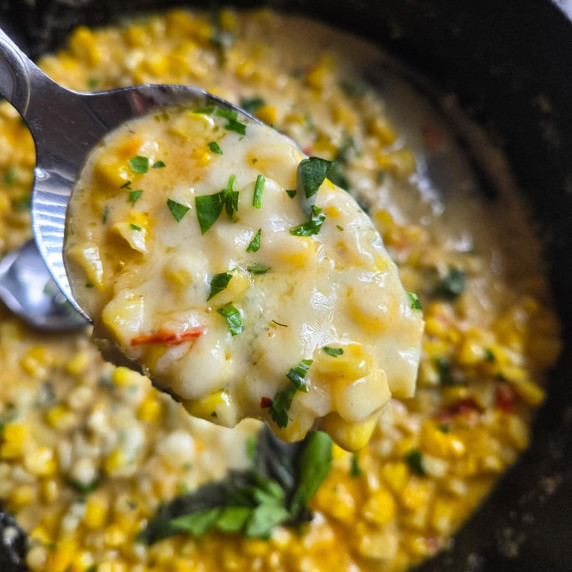 A spoonful of creamy, cheesy corn with pops of green and white, melty cheese.