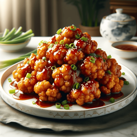 Completed cauliflower dish displayed on a plate covered with sweet and spicy sauce